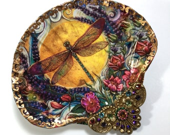 Decoupaged Shell Jewelry Dish, Dragonfly Trinket Dish