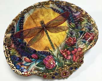 Decoupaged Dragonfly Shell Jewelry Dish with Gold Leaf