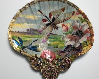 Decoupaged Shell Jewelry Dish: Dragonfly Trinket Dish with Rhinestones
