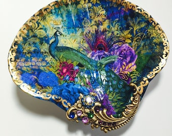 Decoupaged Shell Jewelry Dish,  Peacock And Roses Shell Jewelry,  Coastal Decor