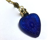 Cobalt Blue Frosted Crystal Heart Perfume Bottle Necklace Potion Bottle