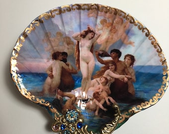 Plato de joyería de concha decoupage: Arte del Nacimiento de Venus, filigrana de diamantes de imitación