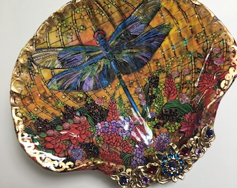 Decoupaged Dragonfly Shell Jewelry Dish with Rhinestones