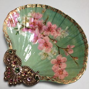 Decoupaged Shell Jewelry Dish: Cherry Blossoms, Rhinestone Accent