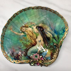 Decoupaged Shell Jewelry Dish Between Two Mermaids Shell Jewelry Dish, Coastal Decor
