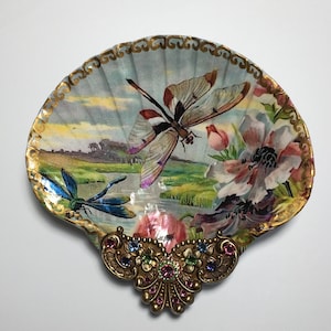 Decoupaged Shell Jewelry Dish: Dragonfly Trinket Dish with Rhinestones