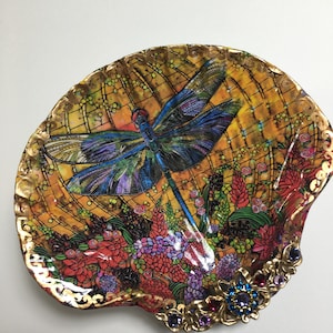 Decoupaged Dragonfly Shell Jewelry Dish with Rhinestones