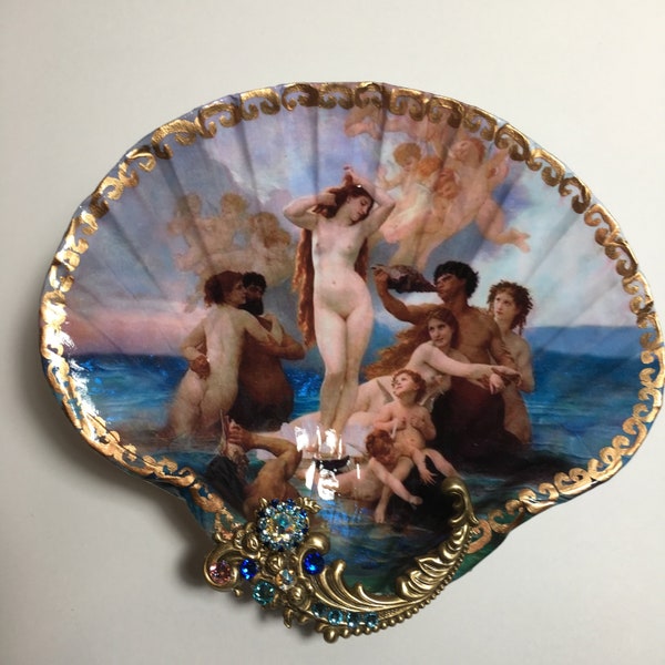 Decoupaged Shell Jewelry Dish: Birth of Venus Art, Rhinestone Filigree