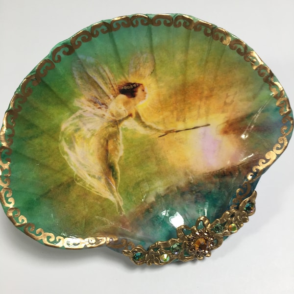 Decoupaged Shell Jewelry Dish: Fairy Goddess, Rhinestone Filigree
