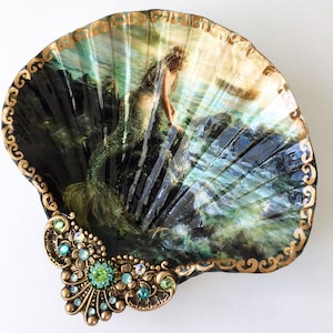 Decoupaged Shell Jewelry Dish, Mermaid shell dish,  Jewelry Storage Ring dish, Mermaid Dish,  Trinket Dish, Coastal Decor