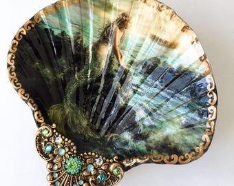 Decoupaged Shell Jewelry Dish, Mermaid shell dish,  Jewelry Storage Ring dish, Mermaid Dish,  Trinket Dish, Coastal Decor