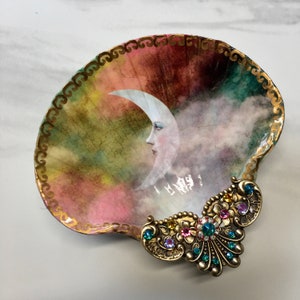 Decoupaged Shell Jewelry Dish, Jewelry Dish, Shell Dish, Moon Large Shell Jewelry Dish, Ring Dish, Trinket Dish, Jewelry Storage