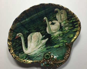 Decoupaged Shell Jewelry DishWhite Swans And Lilly Pads Shell Jewelry Dish, Ring Dish, Trinket Dish Jewelry Holder