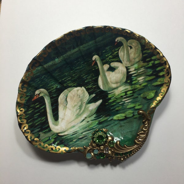 Decoupaged Shell Jewelry DishWhite Swans And Lilly Pads Shell Jewelry Dish, Ring Dish, Trinket Dish Jewelry Holder