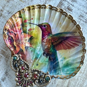 Decoupaged Shell Jewelry Dish: Hummingbird & Flowers, Swarovski Rhinestone Filigree