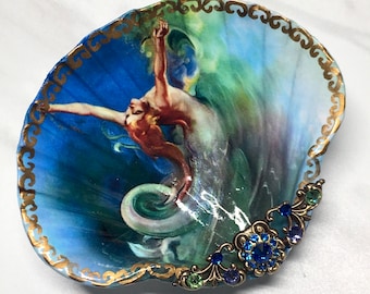 Decoupage Mermaid Shell Jewelry Dish: Rhinestone Filigree Accent