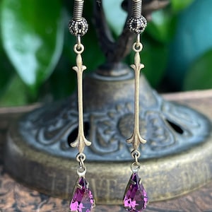 Brass And Amethyst Swarovski Teardrop Earrings