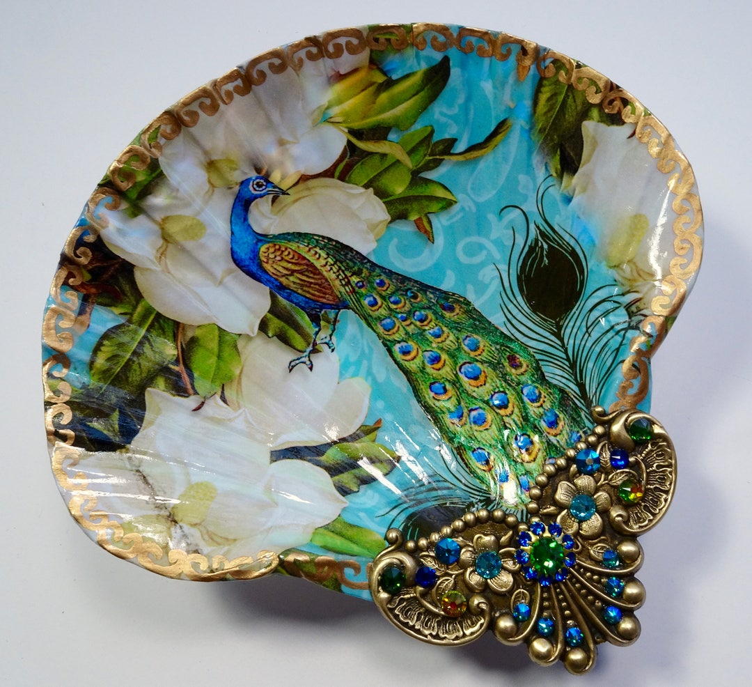Peacock Inner Shell Decoupaged Shell Jewelry Dish: Peacock & Magnolia, Rhinestone Filigree ...