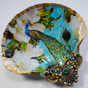 Decoupaged Shell Jewelry DishJewelry Dish, Shell Dish, Peacock And Magnolia Large Shell Jewelry Dish, Ring Dish, Coastal Decor