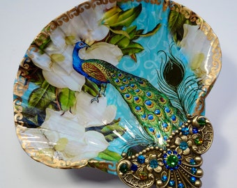 Decoupaged Shell Jewelry DishJewelry Dish, Shell Dish, Peacock And Magnolia Large Shell Jewelry Dish, Ring Dish, Coastal Decor