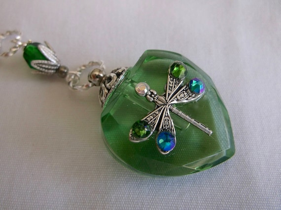 Perfume Bottle Necklace Inspired Tall Green Dragonfly Perfume Bottle
