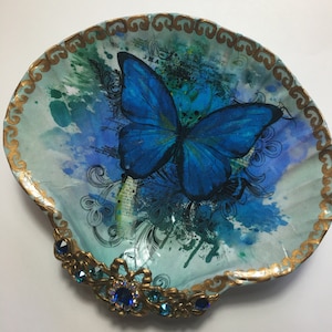 Decoupaged Shell Jewelry Dish, Butterfly Shell Jewelry Dish,  Ring Dish, Trinket Dish,  Coastal Decor