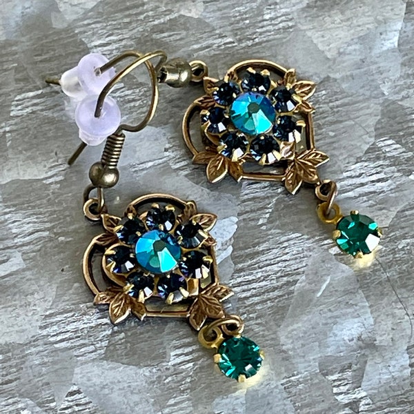 Montana Blue And Blue Zircon Shimmer Swarovski And Brass Filigree Crystal Earrings