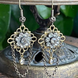 Black Diamond And Brass Rhinestone Dangle Earrings