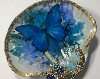 Decoupaged Shell Jewelry DishShell Jewelry Dish Butterfly Ring Dish Trinket Dish Jewelry Holder