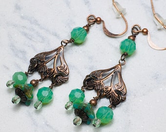 Antique Copper Art Nouveau And Sea Green Glass Beads Chandelier Earrings