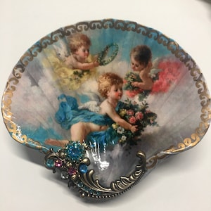 Engel und Rosen entladene Muschel Schmuckschale, Alter Dish, Küstendekor