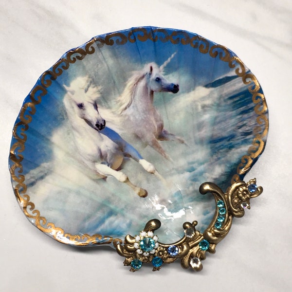 Unicorns Running on Beach Large Shell Jewelry Dish