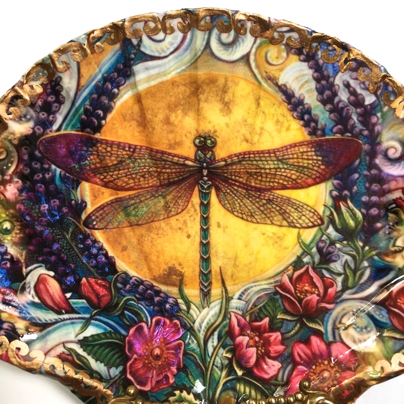 Decoupaged Shell Jewelry DishJewelry Dish, Shell Trinket Dish, Shell Jewelry Dish, Dragonfly Dish by rtistmary image 5