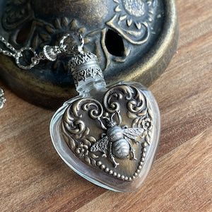 Vintage Glass Heart Perfume Bottle Necklace, Bumble Bee Necklace