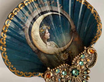 Decoupaged Shell Jewelry Dish: Moon Child Decor, Swarovski Rhinestones