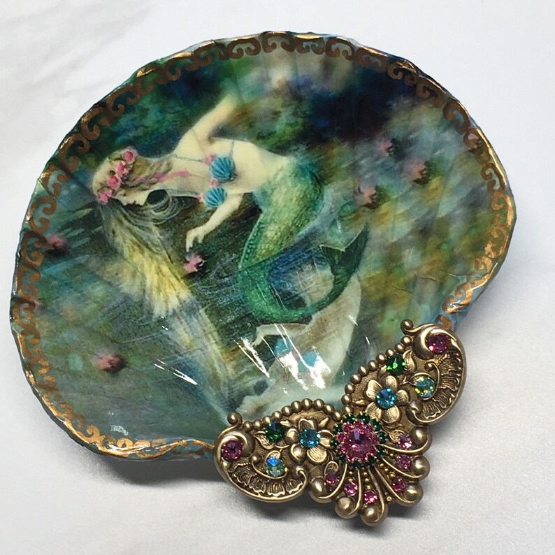 Decoupaged Shell Jewelry Dish A Mermaids Reflections Large Etsy