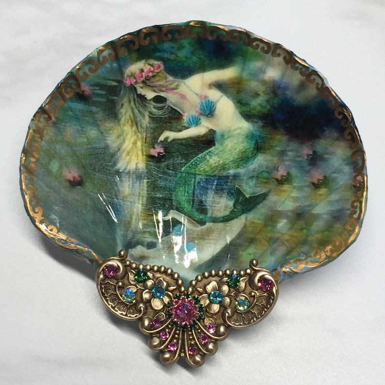 Decoupaged Shell Jewelry Dish A Mermaids Reflections Large Etsy