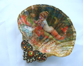 Plato de joyería de concha decoupage: arte de sirena, filigrana de diamantes de imitación