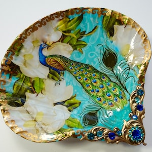 Decoupaged Peacock Shell Jewelry Dish: Rhinestone Filigree Ring Holder