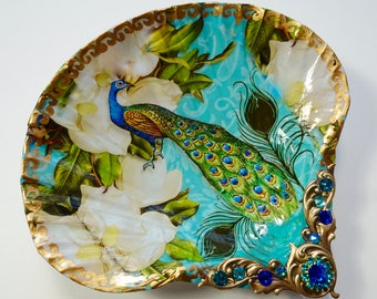 Decoupaged Peacock Shell Jewelry Dish: Rhinestone Filigree Ring Holder