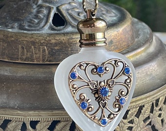 Essential Oil Perfume Bottle Necklace Blue Sapphire Rhinestone Heart Perfume Necklace