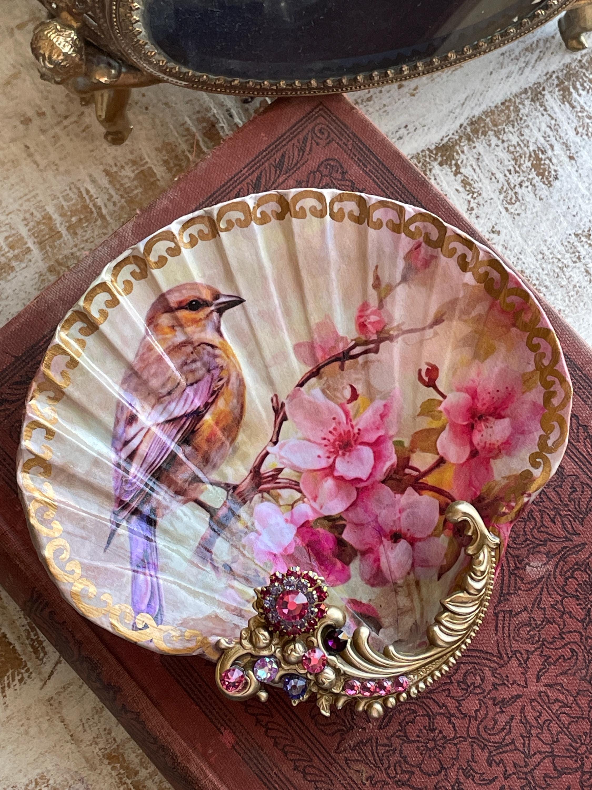 Decoupaged Shell Jewelry Dish: Vintage Birds and Tree Blossoms - Etsy