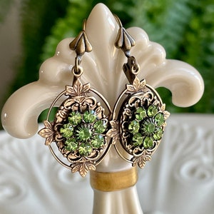 Olivine Green  Swarovski And Brass Filigree Crystal Earrings
