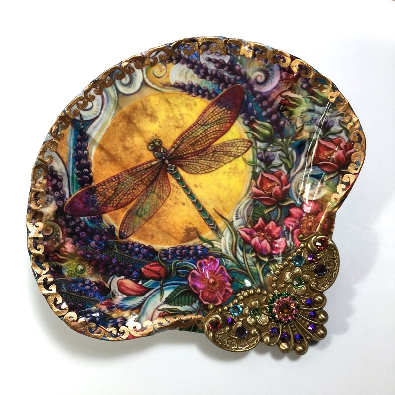 Decoupaged Shell Jewelry DishJewelry Dish, Shell Trinket Dish, Shell Jewelry Dish, Dragonfly Dish by rtistmary image 1