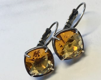 Swarovski Rhinestone Light Amber Square Cushion And Silver Dangle Earrings