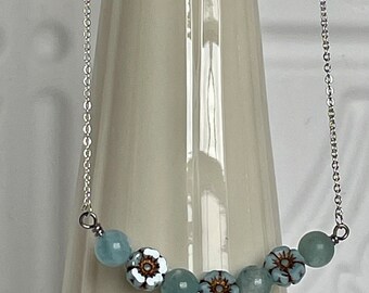 Aquamarine Gemstone And Czech flower Necklace