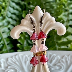 Red And Pink Czech Glass Flower Bead Earrings