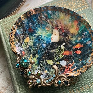 Decoupaged Mermaid Shell Jewelry Dish: Coastal Trinket Ring Holder