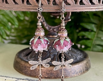 Lampwork Glass Flower And Dragonfly Earrings