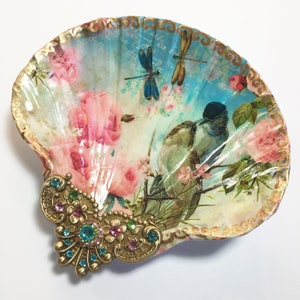 Decoupaged Shell Jewelry Dish: Vintage Dragonflies, Roses, Birds